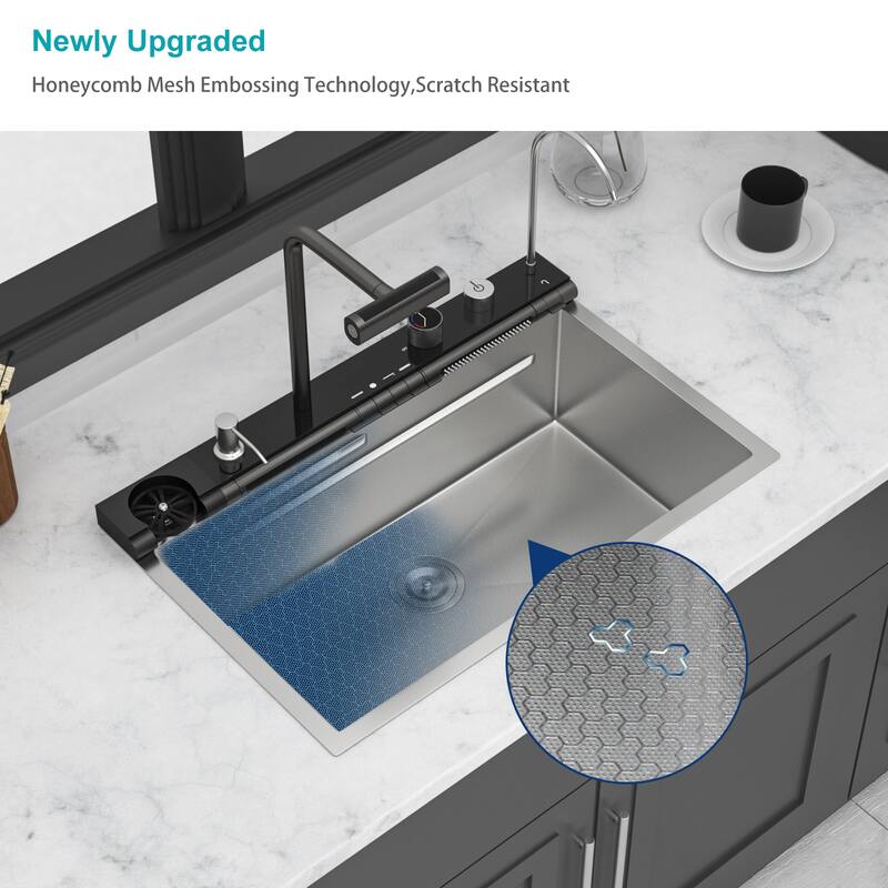 30" Drop-In 16 Gauge Single Bowl Stainless Steel Smart Digital Kitchen Sink with Faucet in Brushed Nickel - 30'' x 19'' x 9''