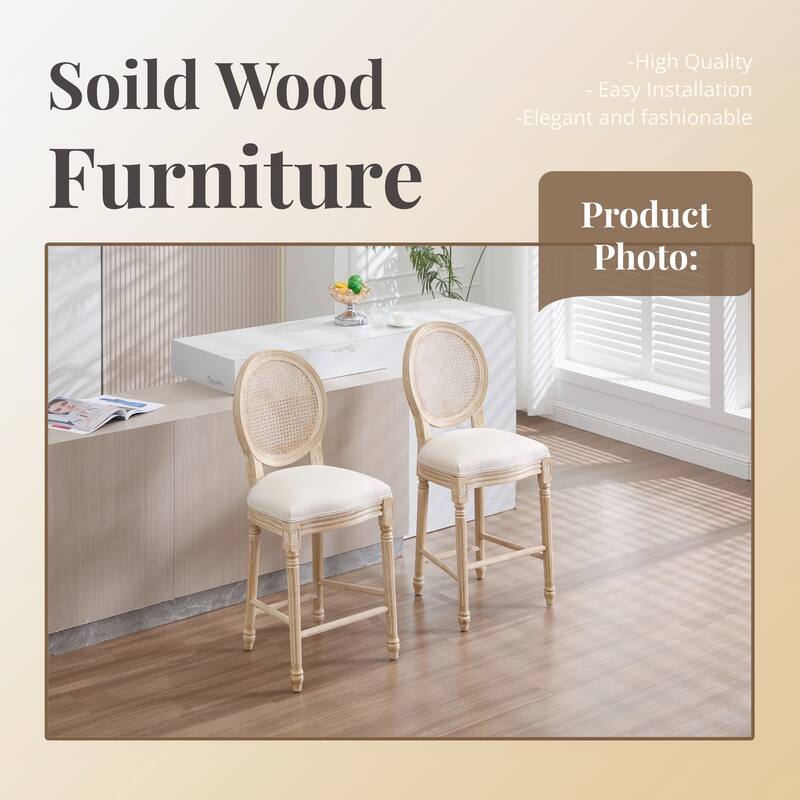 French Country Upholstered Bar Chairs with Rattan Round Back(Set of 2)
