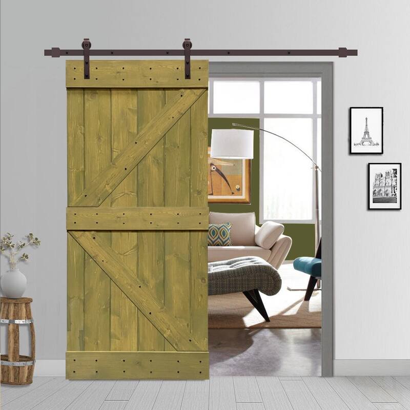 CALHOME K Series Stained Wood Sliding Barn Door with Hardware Kit - Jungle Green - 30 x 84