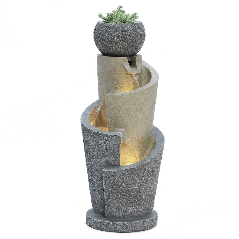 Gray Resin Cascading Spiral Outdoor Fountain with LED Lights