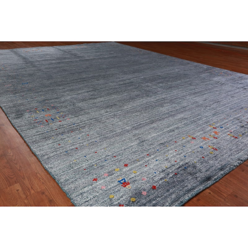 Tribal Gabbeh Indian Area Rug Hand-Knotted Blue Wool Carpet - 9'0" x 12'4" - 9'0" x 12'4" - Blue