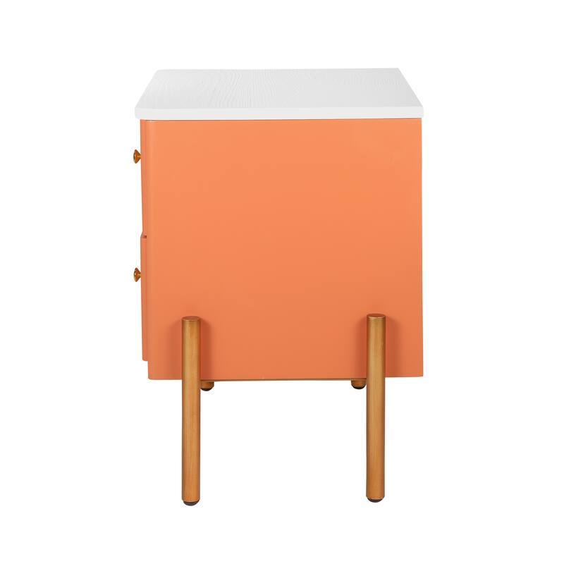 Modern 2-Drawer Fluted Nightstand - Golden Metal Handles/Legs, Easy Assembly (Orange)