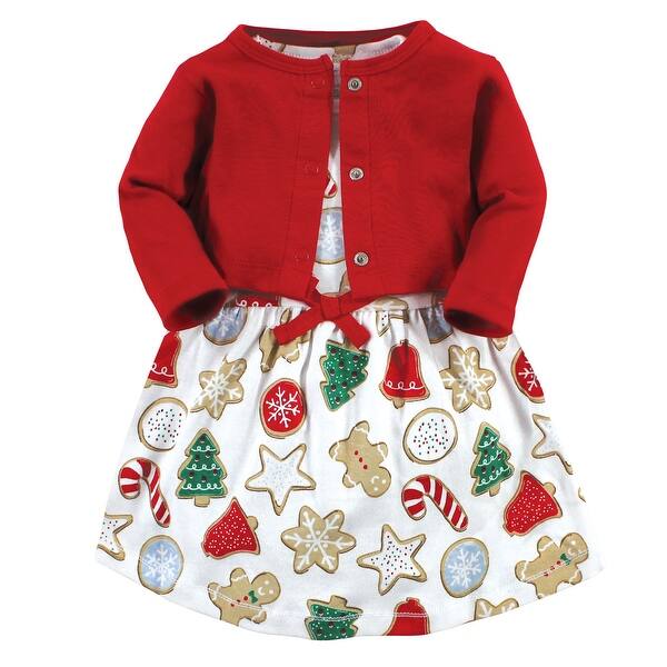 slide 1 of 1, Touched by Nature Infant and Baby Girl Organic Cotton Dress and Cardigan, Christmas Cookies 0-3 Months - Christmas Cookies