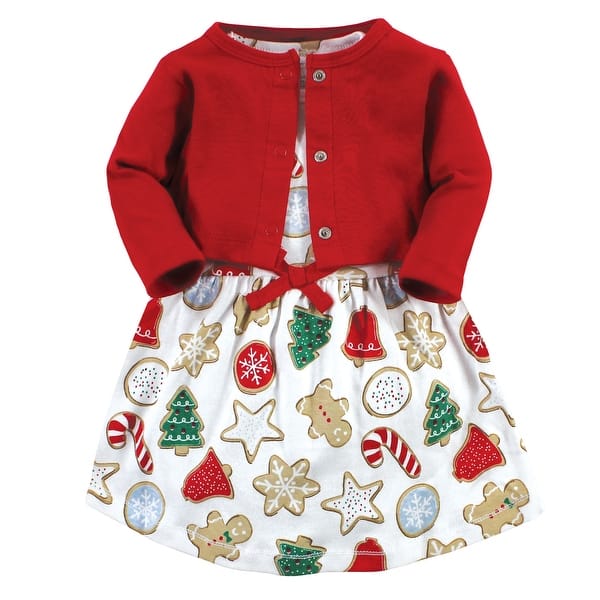 slide 1 of 1, Touched by Nature Toddler Girl Organic Cotton Dress and Cardigan, Christmas Cookies 2T - Christmas Cookies
