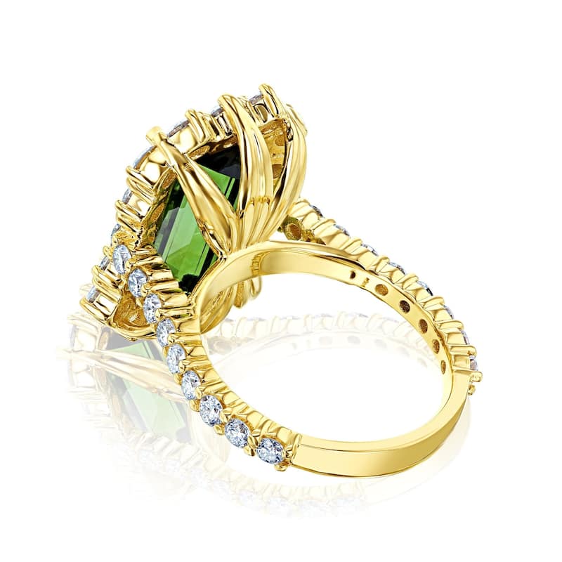 Kobelli 9.66 Carats Green Tourmaline & White Diamond 14k Solid Gold Elongated Emerald-cut Rococo Halo Elizabeth Ring