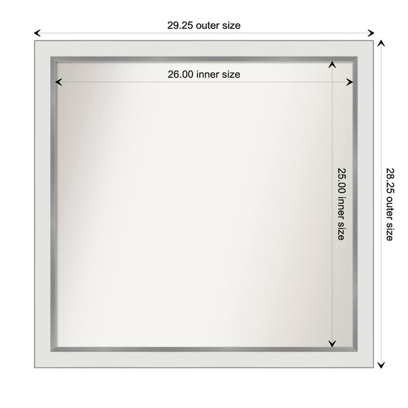 Eva White Silver Narrow Framed Non-Beveled Custom Wall Mirror, Bathroom Vanity Mirror - Outer Size: 29.25 x 28.25