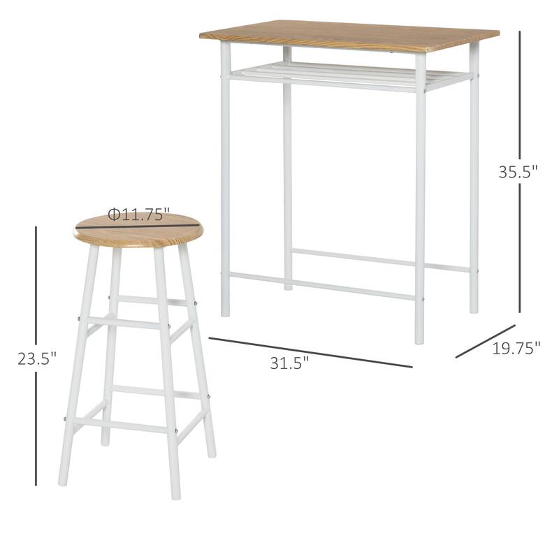 3-Piece Space-Saving Modern Bar Table and Stools Set with 2 Different Height Footrest for Pub
