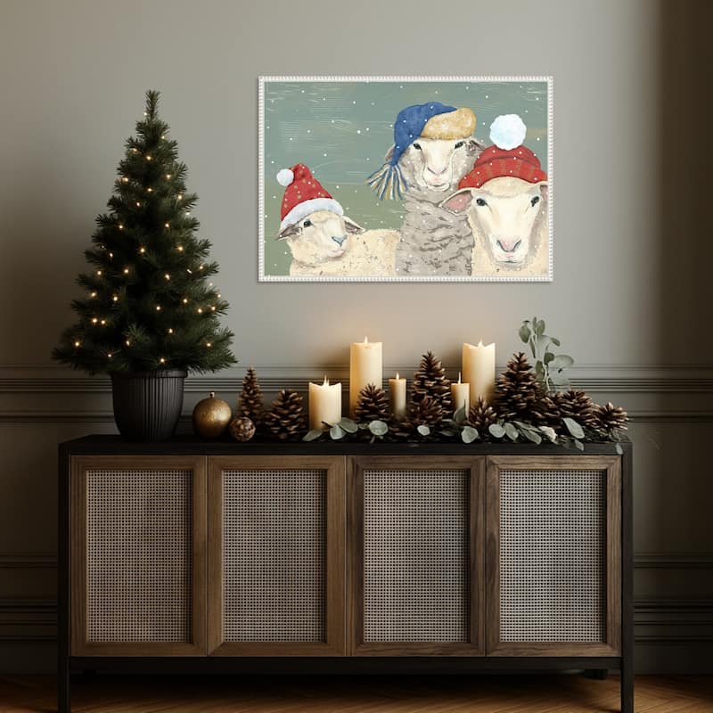 Sheep Xmas I by Jade Reynolds (33 x 23 in.), Framed Canvas Wall Art Print - Sylvie Beaded White