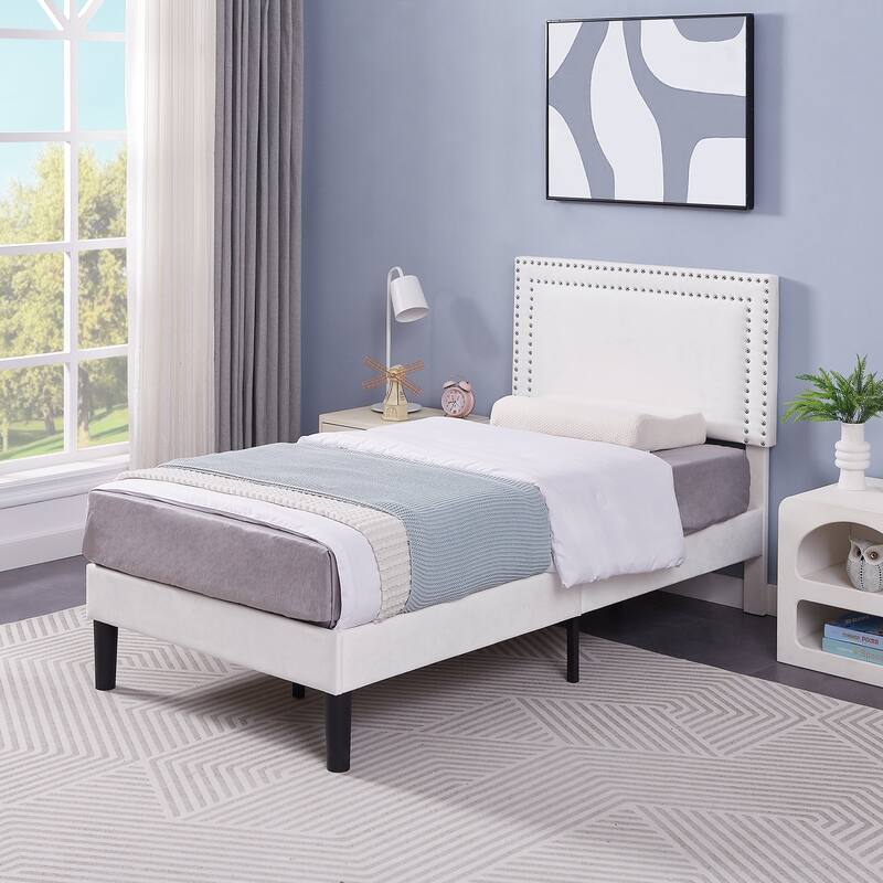 2 Pcs Upholstered Twin Size Platform Bed with Adjustable Headboard Double Riveted Headboard Twin Size Platform Bed