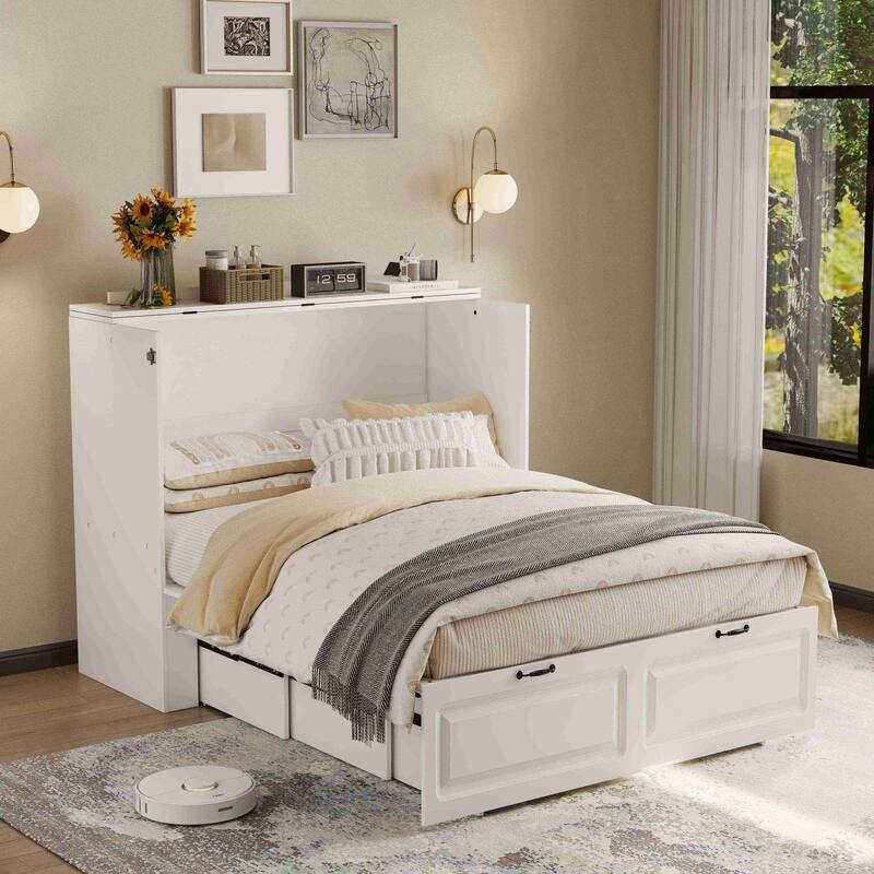 Murphy Cabinet Bed with Charging Station & Storage Drawer, Foldable Platform Bed for Small Spaces