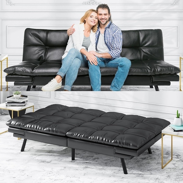 Futon Sofa Bed Modern Convertible Sleeper Couch with Adjustable Armrests for Studio Office Apartment Compact Living Room Leather Black