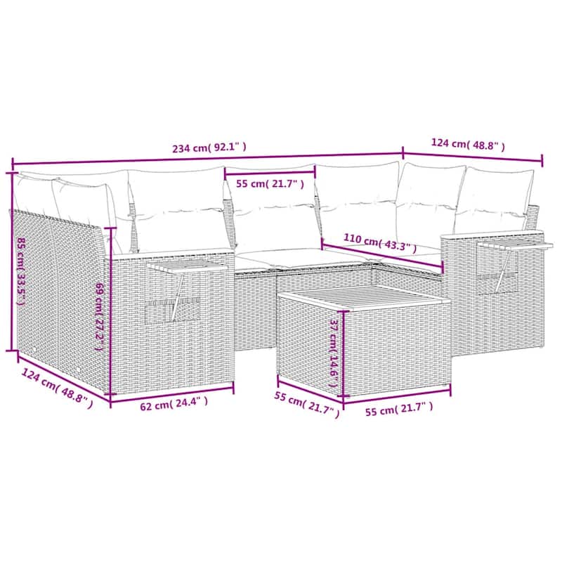 vidaXL Garden Sofa Set Grey PE rattan Large Adjustable Feet - 21.7 x 21.7 x 14.6