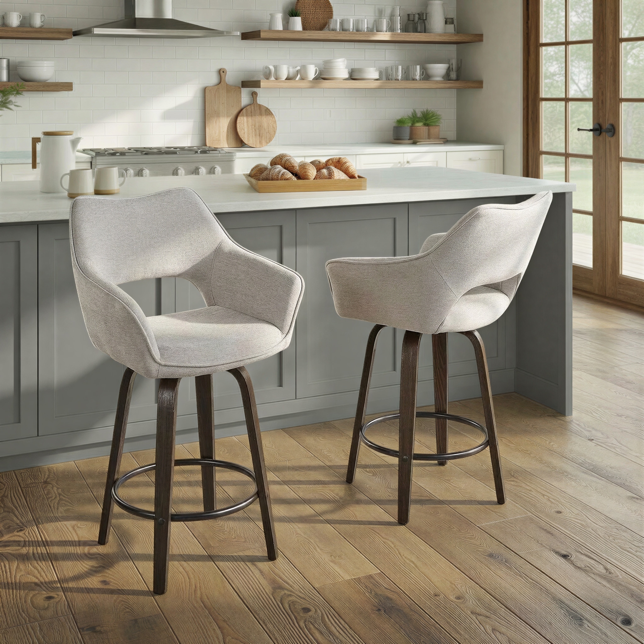 Porch & Den Mac 26" Fixed-Height Upholstered Counter Stool with Bent Wood Legs & Round Footrest (Set of 2)