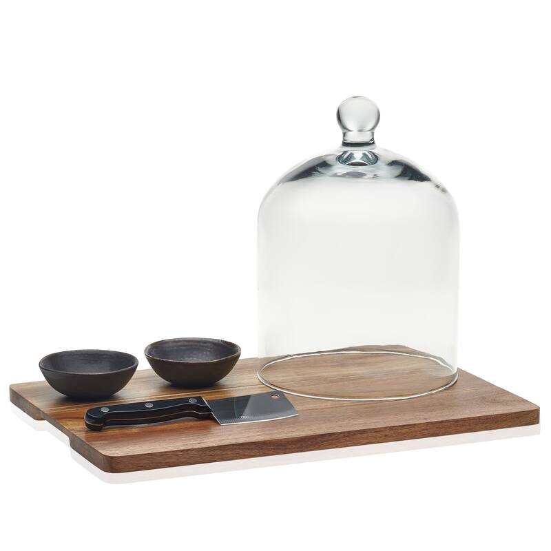 Libbey Acaciawood 4-Piece Cheese Board Serving Set with Glass Dome - Set of 5