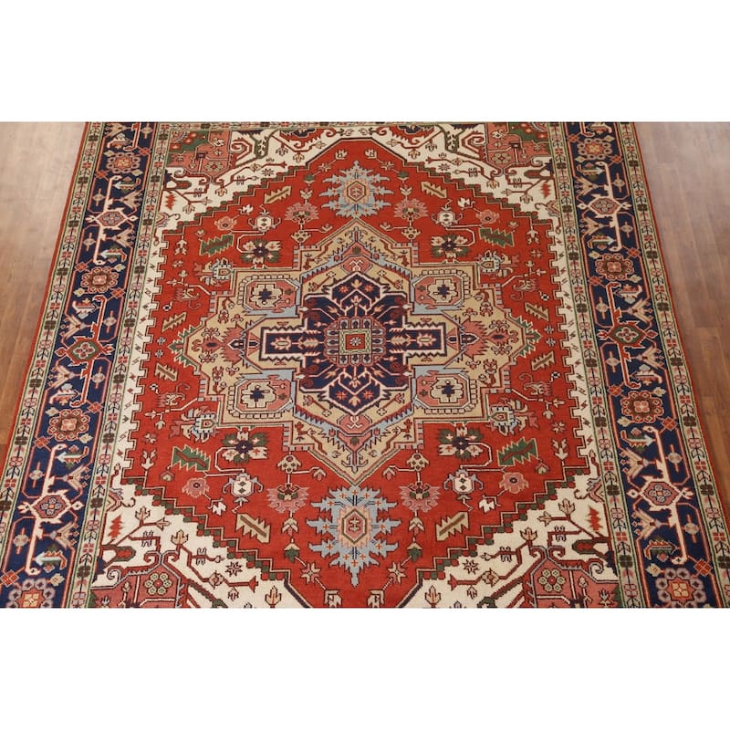 Orange Geometric Heriz Serapi Area Rug Handmade Oriental Wool Carpet - 9'0"x 11'8"