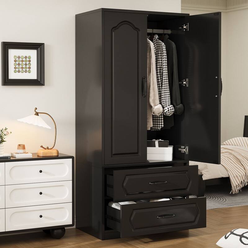 69" Wooden Armoire Wardrobe Closet with Drawers, Modern Bedroom Storage Cabinet with Hanging Rod