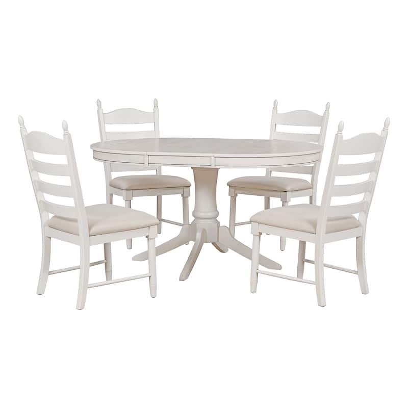 5-Piece Retro Functional Dining Table Set Wood Round Extendable Dining Table and 4 Upholstered Dining Chairs (Off White)