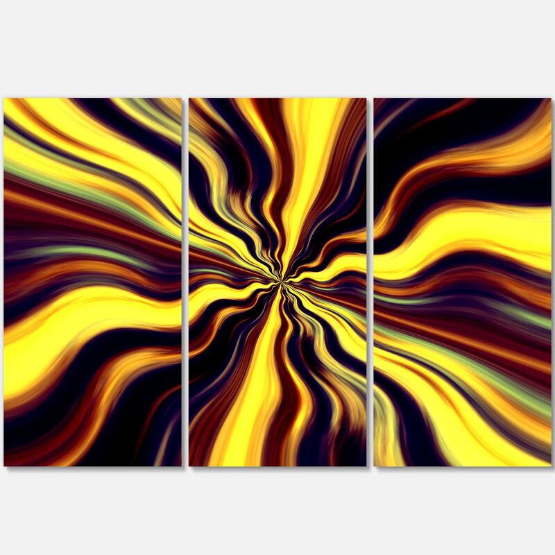 Designart 'Yellow Purple Black Fantasy' Abstract Digital Art Metal Wall Art - 36 in. wide x 28 in. high - 3 panels