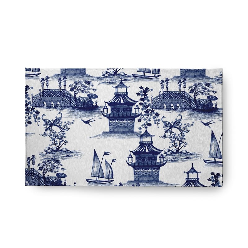 China Old Oriental Chenille Area Rug - Porcelain Blue - 18" x 30"