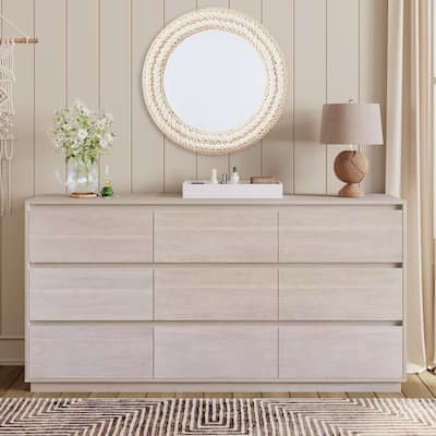 Modern Style Wood Veneer 9-Drawer Dresser, Stone White