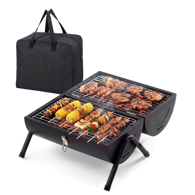 16.53 In. Portable Double-Sided Charcoal Grill In Black With Carry Bag - N/A - Steel