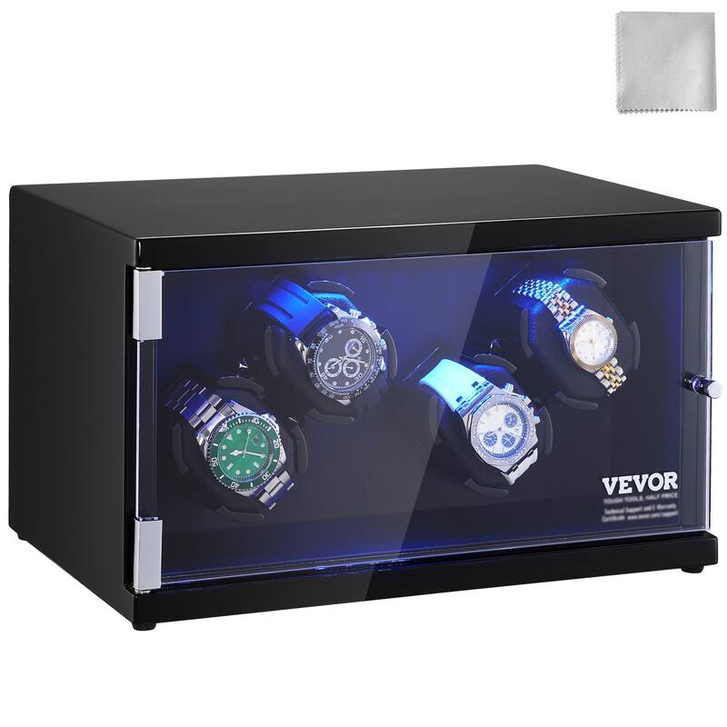 VEVOR Watch Winder with 1-8 for Men's and Women's Automatic Watches with Super Quiet Japanese Mabuchi Motors LED Lights - 4 Watches+2 Motors