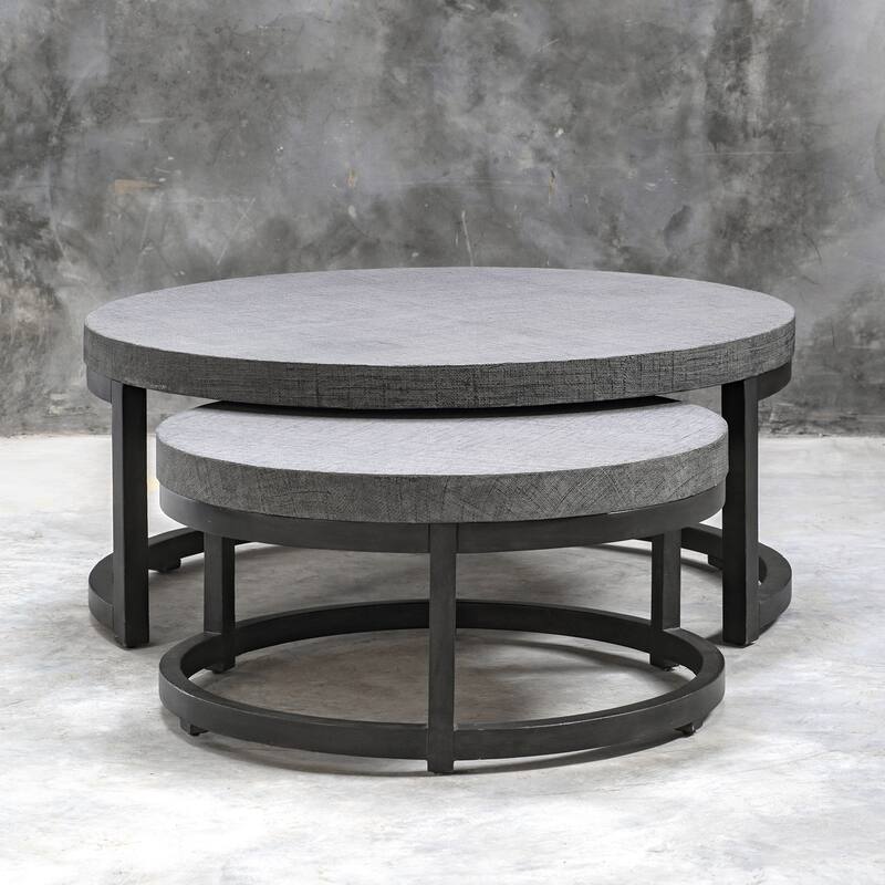 Set of 2 Aiyara Round Gray Nesting Tables with Burlap Wrapped Tops 43"