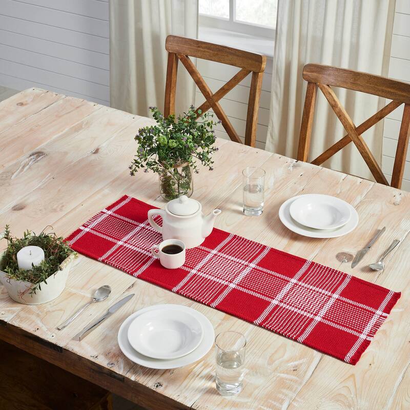 Eston Red White Plaid Runner Fringed 12x36 - 12x36
