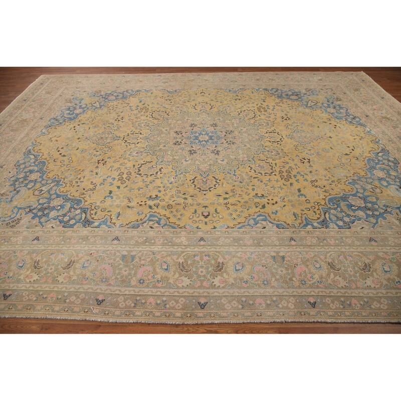 Hand Knotted Oriental 100% Wool Carpet Traditional Floral Yellow & Gold Mashad Area Rug - 12' 6'' X 9' 7''