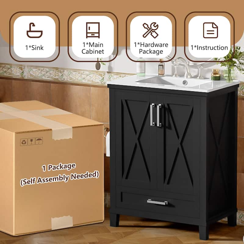24" Bathroom Vanity with Ceramic Sink, Solid Wood Frame, Soft-Close Doors, Drawer and Shelves, Freestanding Storage Cabinet