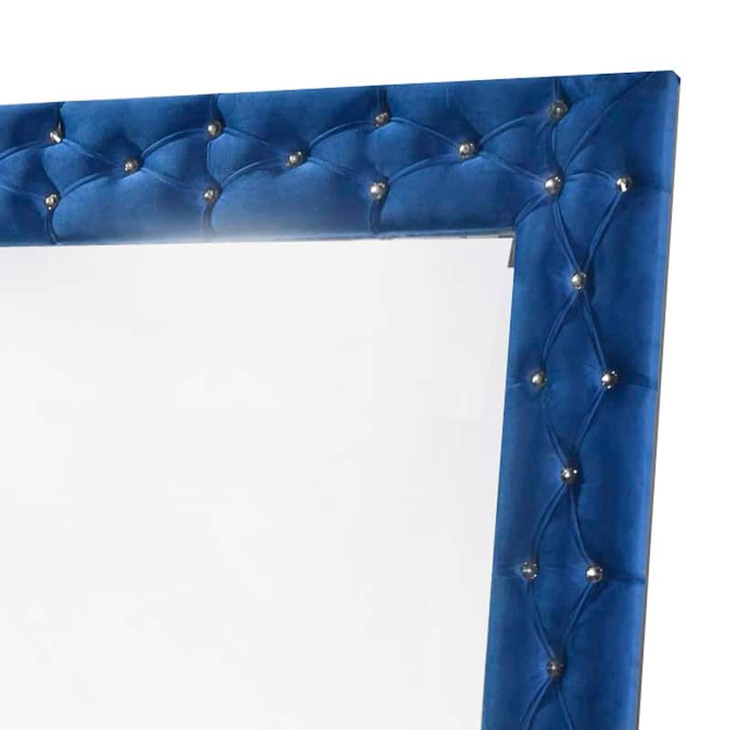 Velvet Wrapped Wooden Frame Mirror with Button Tufting, Blue