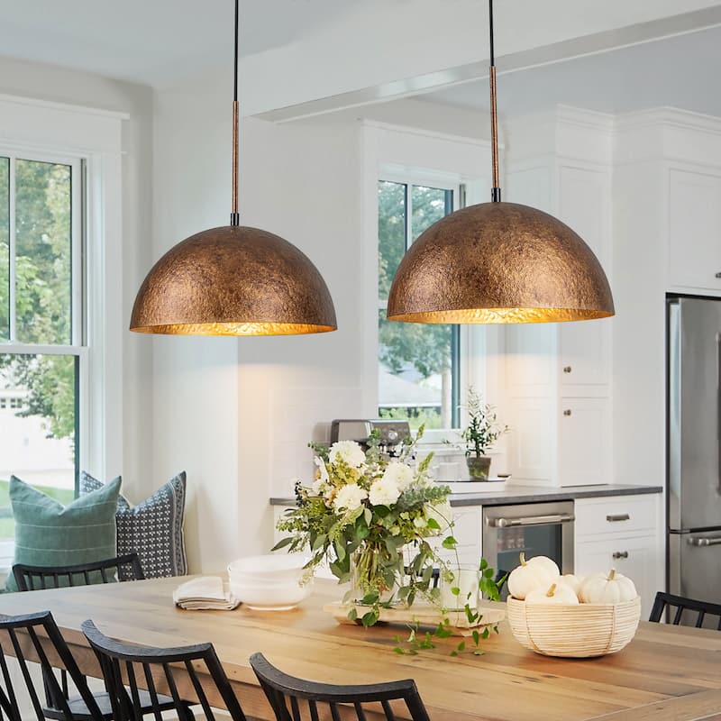 Industiral Hammered Antique Copper Dome Pendant Light - W25.99" - Copper