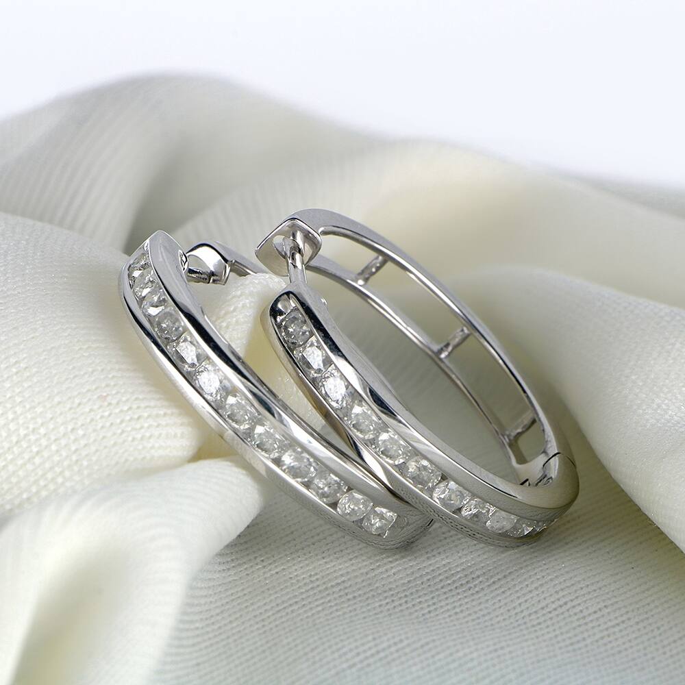 1 1/4ct TDW Diamond Hoop Earrings in Silver for Women