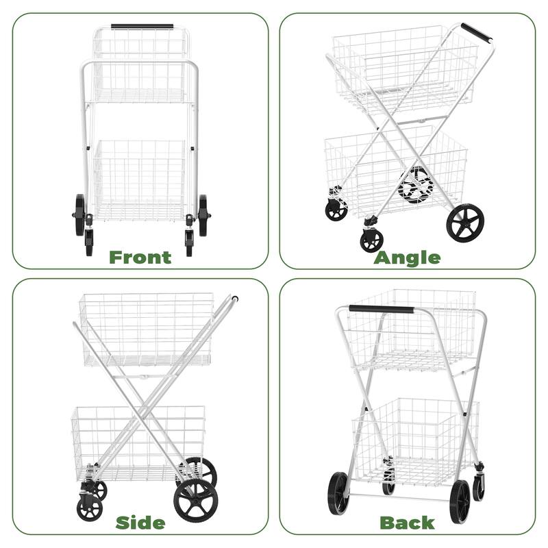 Foldable 2 Layers Grocery Shopping Cart with Double Basket and 360 Rolling Swivel Wheels