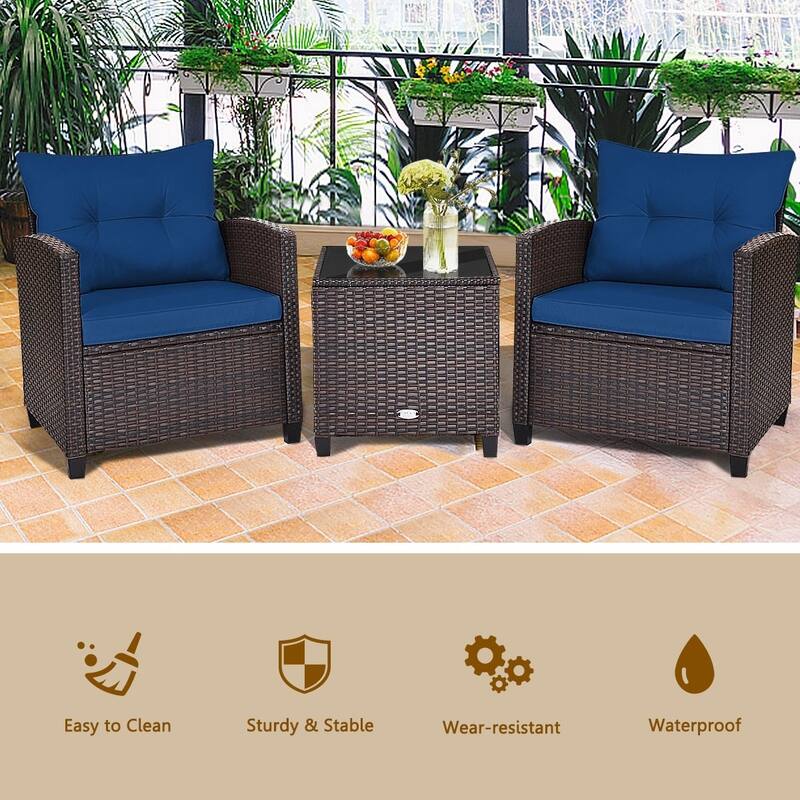 3 Pieces Rattan Patio Furniture Set with Washable Cushion - Chair: 26.5" x 26.5" x 30"