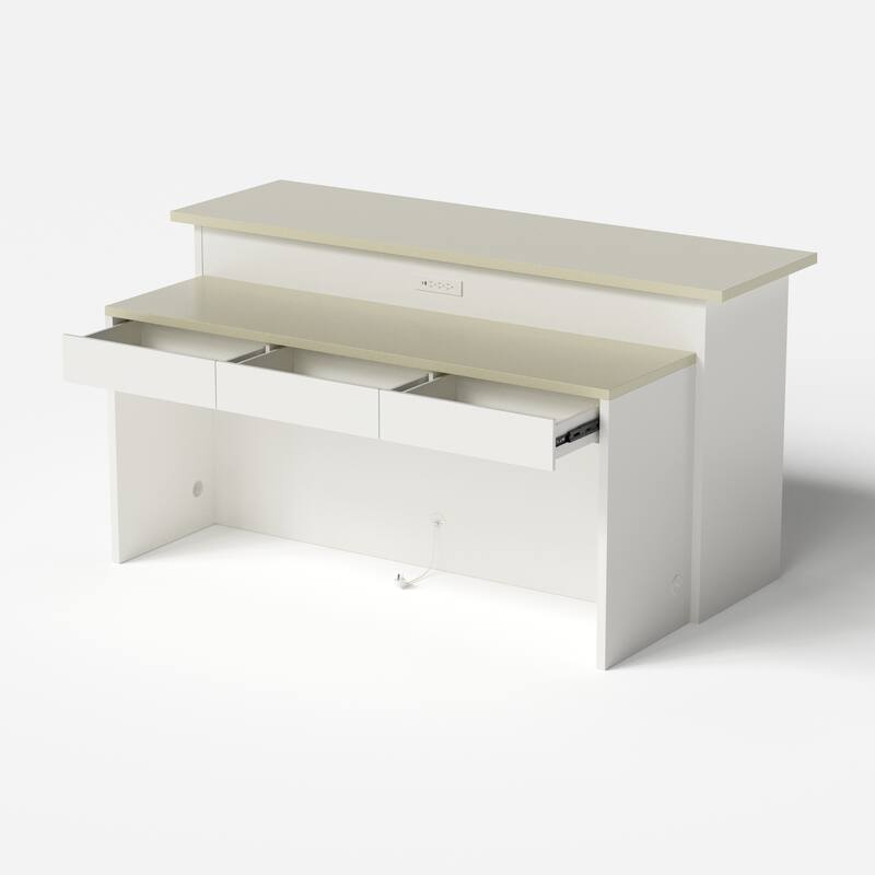 78.7" Kitchen Island with Faux Stone Top & Power Outlet Storage Cabinet with Drawers & Doors, Farmhouse White Kitchen Island