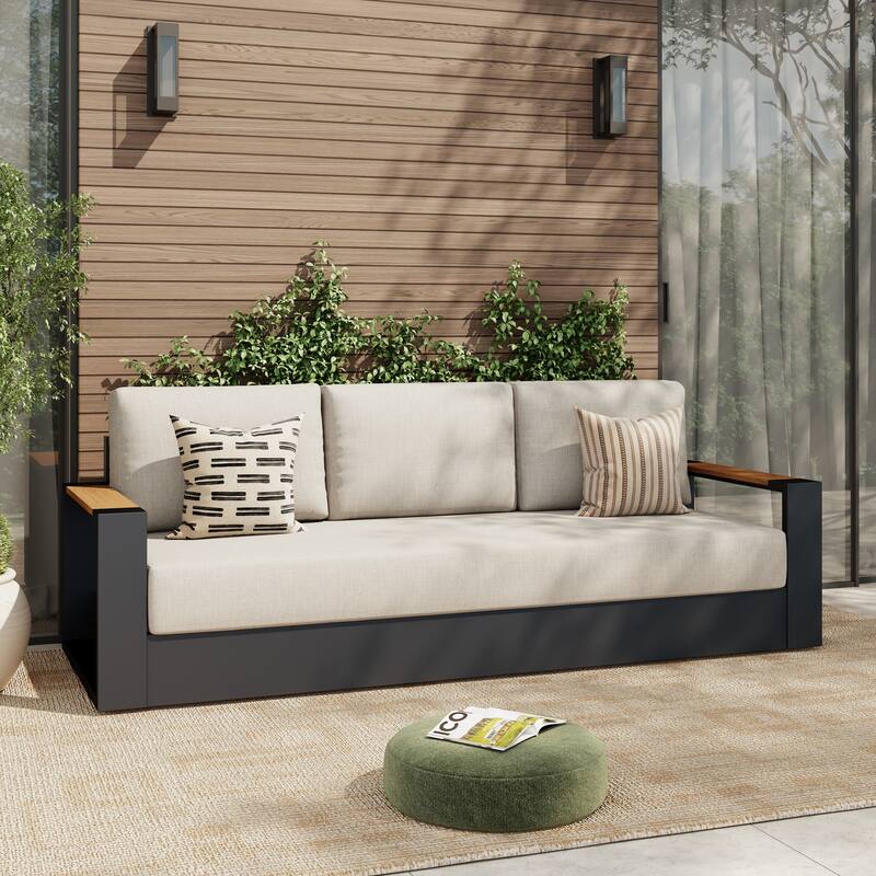 Modern Aluminum Frame Outdoor 3-Seater Sofa with Thick Cushions - Black