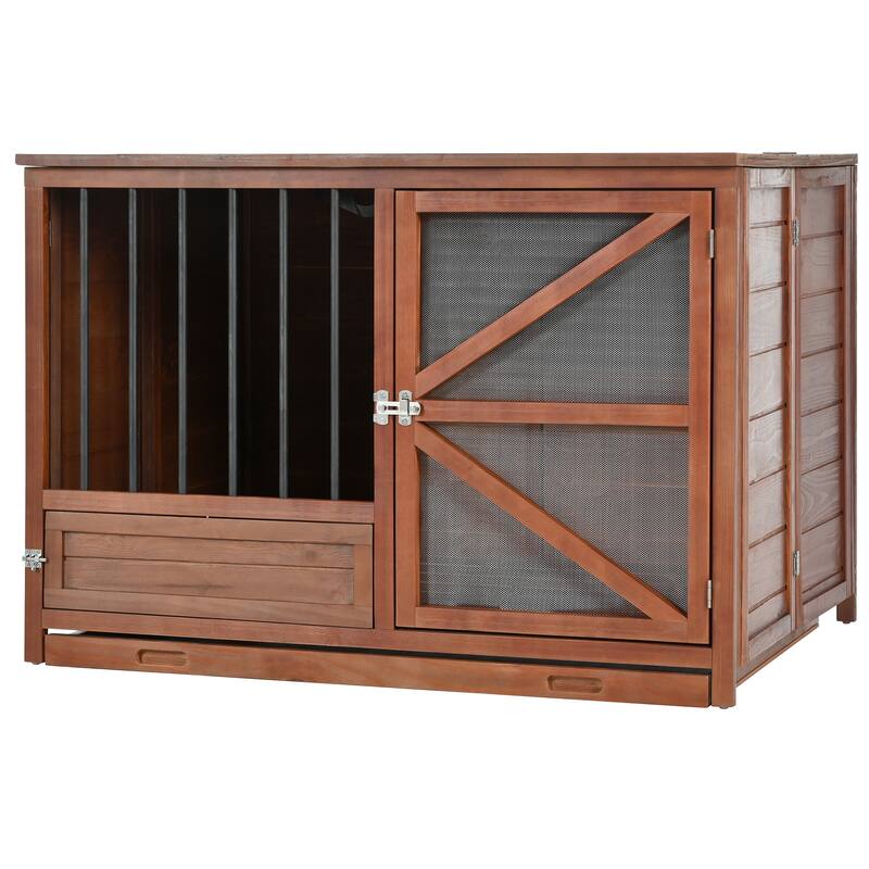 43" Solid Wood Dog Crate Furniture, Foldable Indoor Kennel with 360° Rotating Feeder Multi-Functional End Table