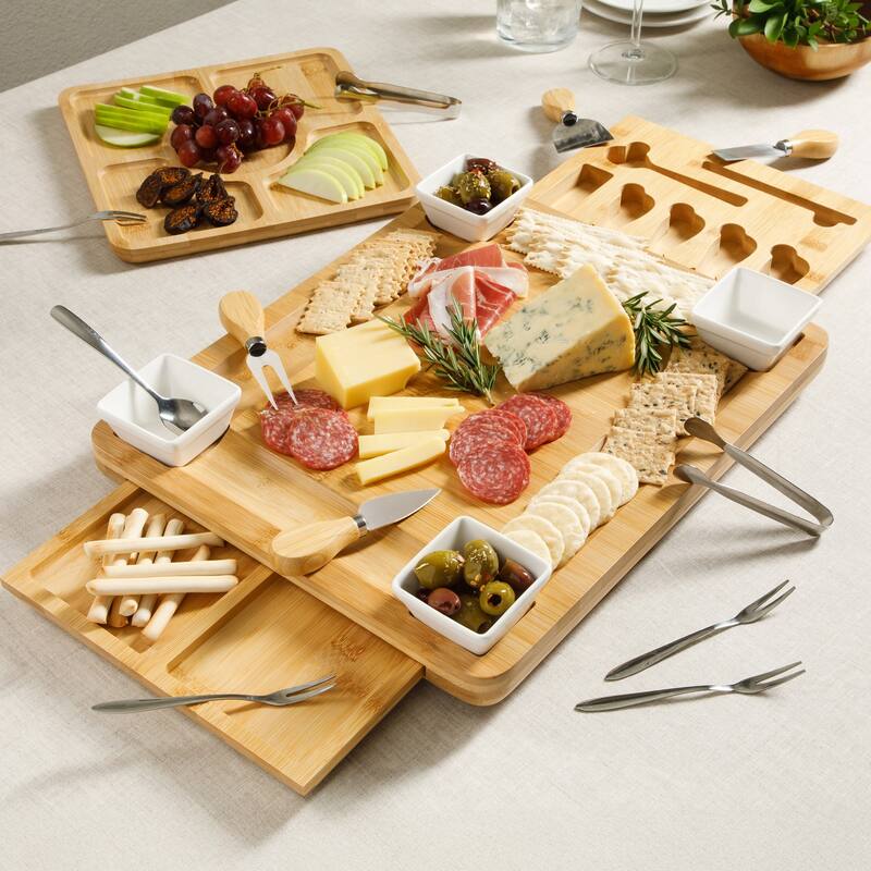 Gibson Home Rustic Inspirations 18-Piece Bamboo Charcuterie Board Set - Ceramic Bowls, Utensils