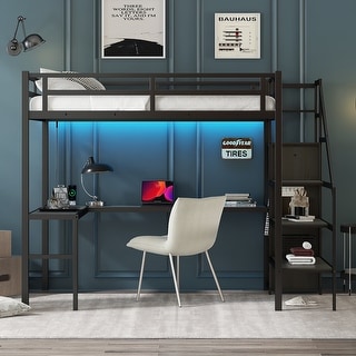 Metal Loft Bed with Wardrobe and Adjustable Shelf, High Loft Bed with LED for Kids Teens Adults