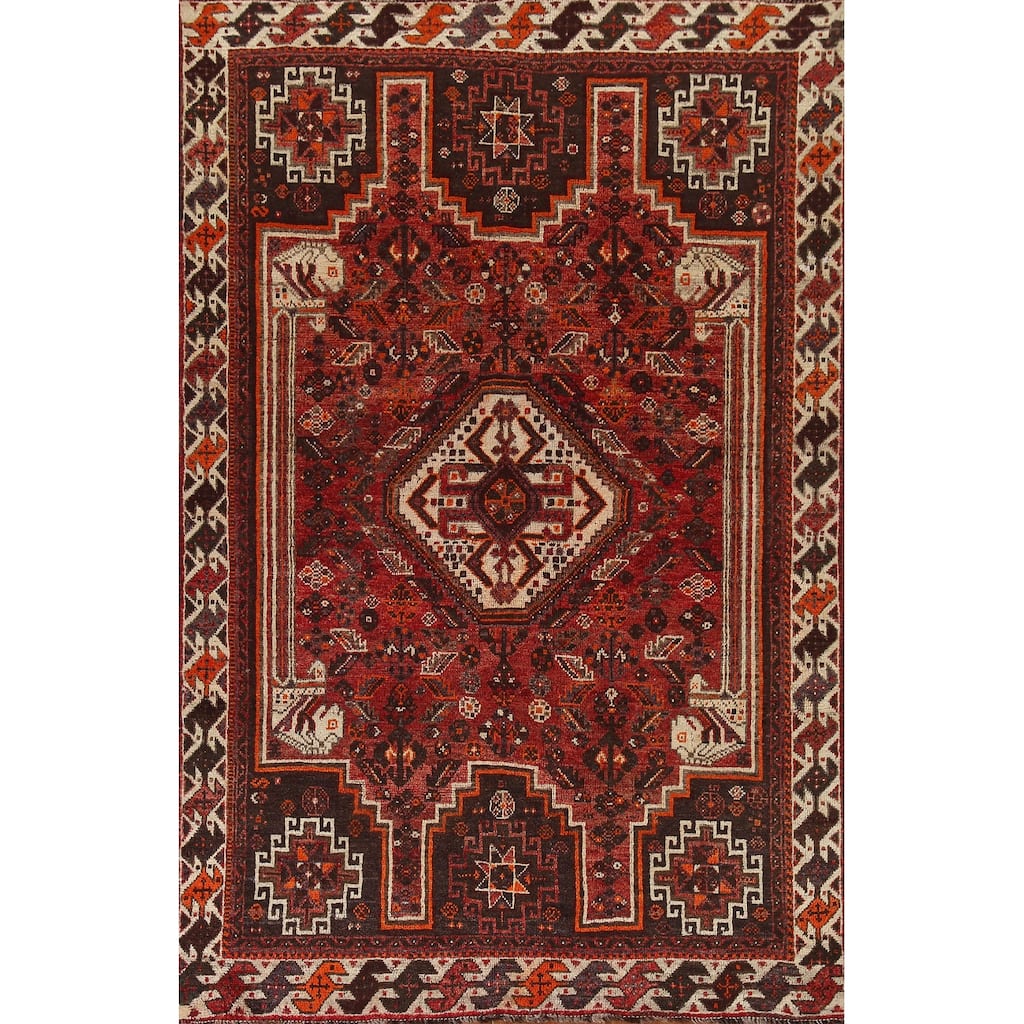 Qashqai Persian Vintage Area Rug Hand-Knotted Wool Carpet - 5'2"x 8'0"