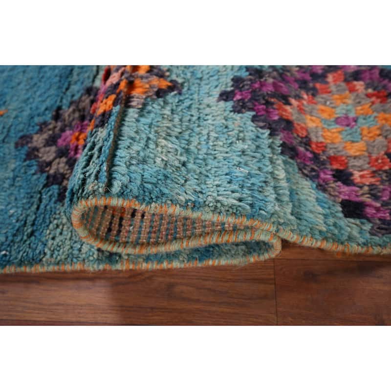 Plush Geometric Blue Moroccan Accent Rug Hand-Knotted Wool Carpet - 3'1" x 5'7"