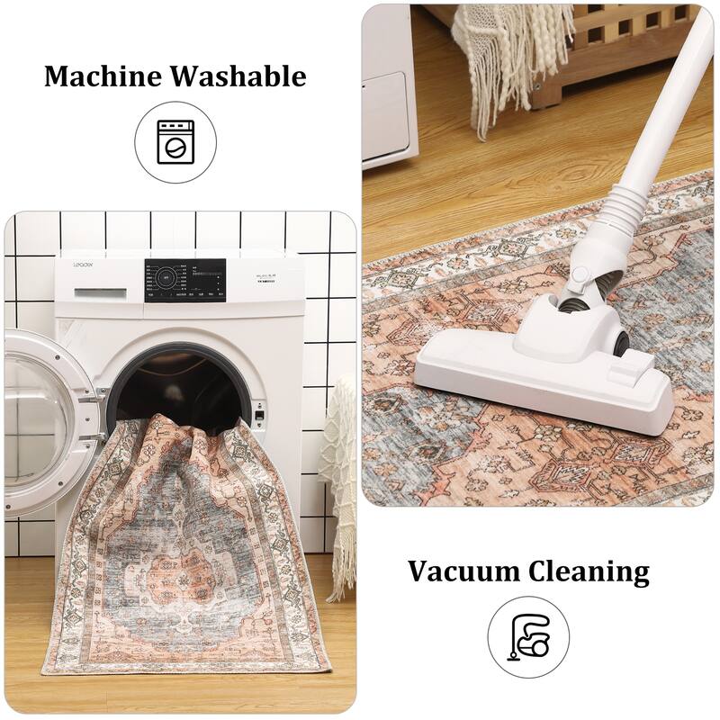 Runner Rug 2x6 Traditional Washable Vintage Medallion Floral Design Area Rug - 2' x 6' Oval