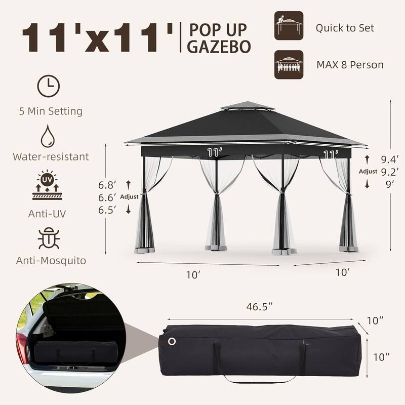 Bezseller 11' x 11' Pop -up Gazebo Tent with Mosquito Netting, Outoor Canopy Tent for Patio Garden Backyard Party