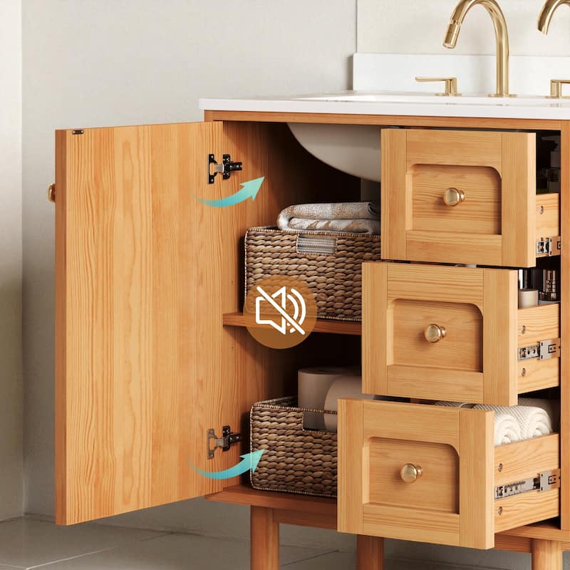 30" Farmhouse Bathroom Vanity with Ceramic Sink, Soft Close Door and 3 Drawers, MDF Storage Cabinet