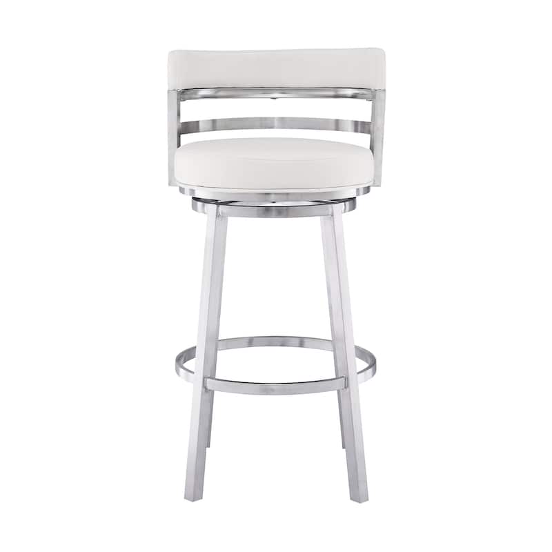 35" White And Silver Faux Leather And Iron Swivel Low Back Counter Height Bar Chair With Footrest - 20