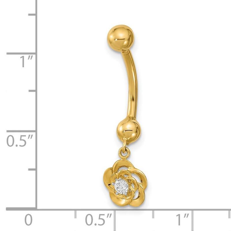 Curata 14k Yellow Gold 14g CZ Simulated Diamond Dangle Flower Belly Navel Ring Body Jewelry