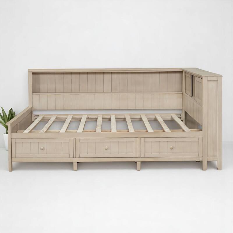 Full/Twin Daybed with Storage Shelves and 3 Drawers, Antique White Milk Farmhouse Platform Bed Frame, No Box Spring Needed