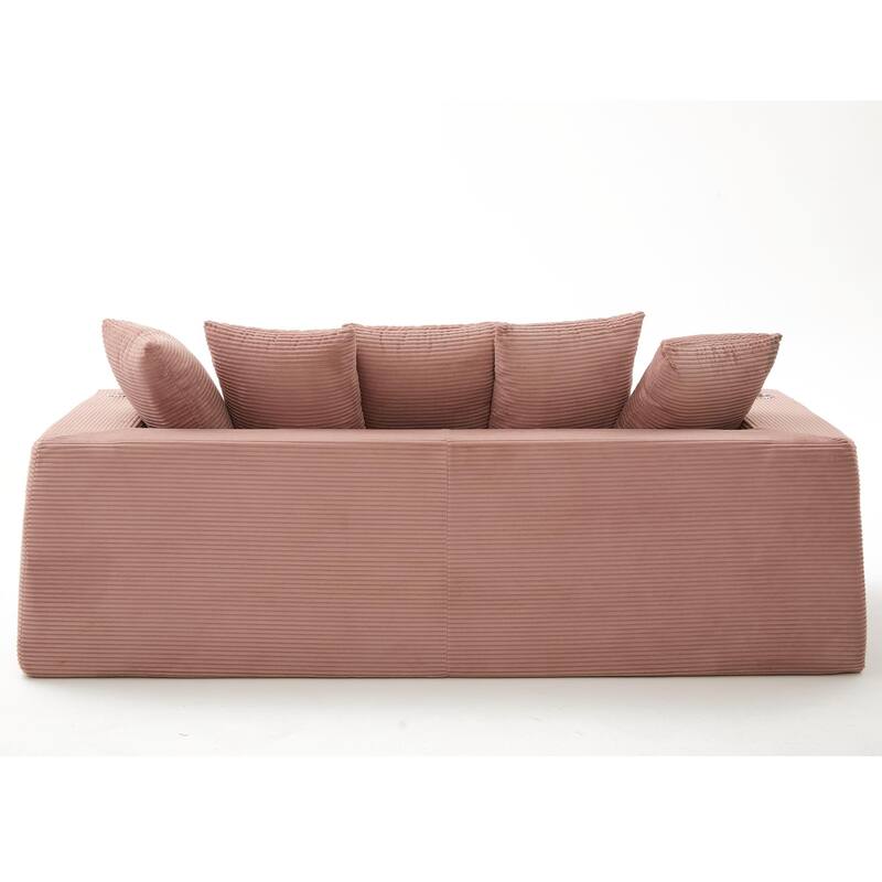 Modern Convertible Loveseat Sofa Bed, Corduroy Fabric Foldable Floor Couch w/5 Pillows, Side Pockets & Cup Holders, No Assembly