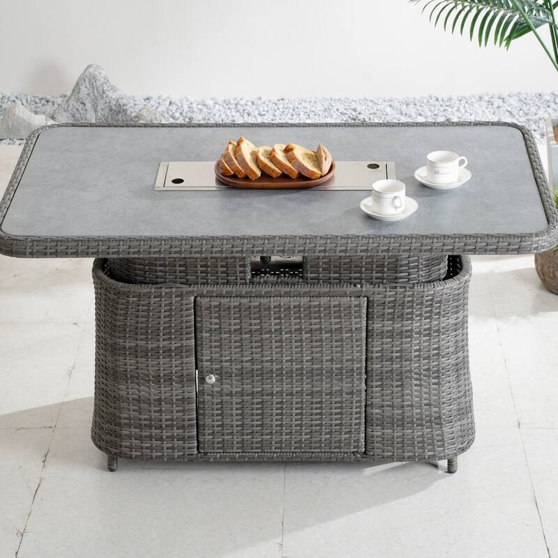 50,000 BTU Adjustable Height Aluminum Propane Fire Pit Table with Faux Stone Glass Top and Wind Guard